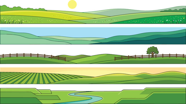Green Countryside Agriculture Landscape Banners Set with Farm Fields, Rolling Hills, Wooden Fence, Winding River, and Harvest Plantation Vector Illustration