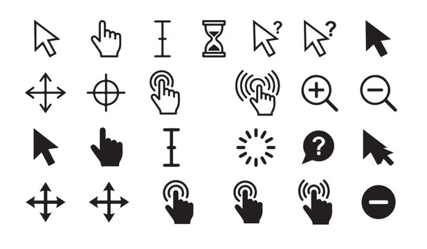 Mouse cursor and hand pointer icons set isolated on white background.