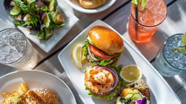 A lifestyle caf&eacute;-style seafood lunch flat lay with salmon burgers and iced beverages arranged naturally under bright daylight