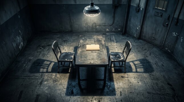 Spooky police interrogation room with old metal desk chairs case file folder and hanging spotlight
