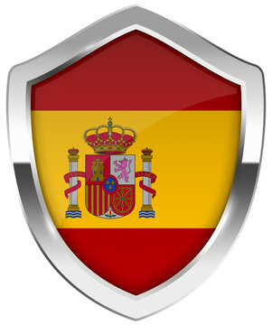 Spain flag shield icon with metallic border isolated on white background