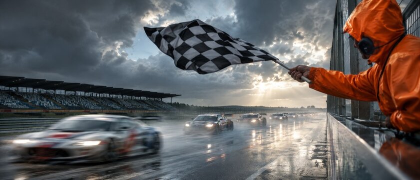 Race official waving checkered flag as sports cars speed past the finish line on a sunny day at a motor racing circuit