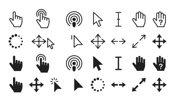 Mouse cursor and hand pointer icons set isolated on white background.