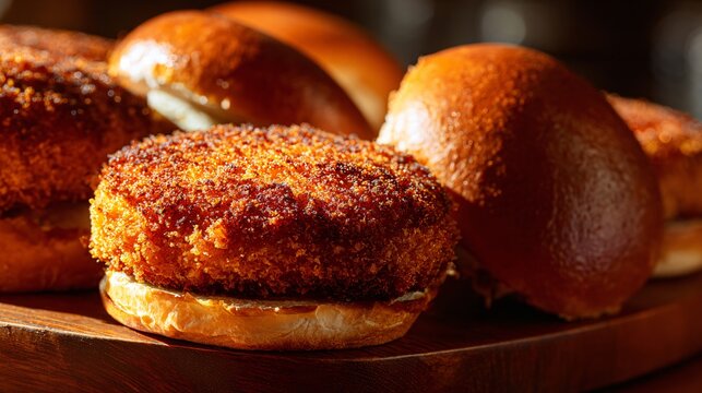 A macro flat lay of crispy salmon patty edges and fluffy brioche buns under warm side lighting with rich texture detail