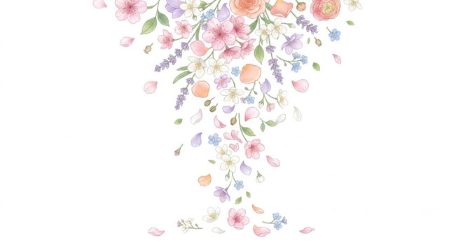 Beautiful delicate flowers and colorful petals falling down vector illustration isolated on white background