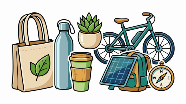 Eco-friendly items for sustainable living bag bottle coffee cup plant bike backpack compass