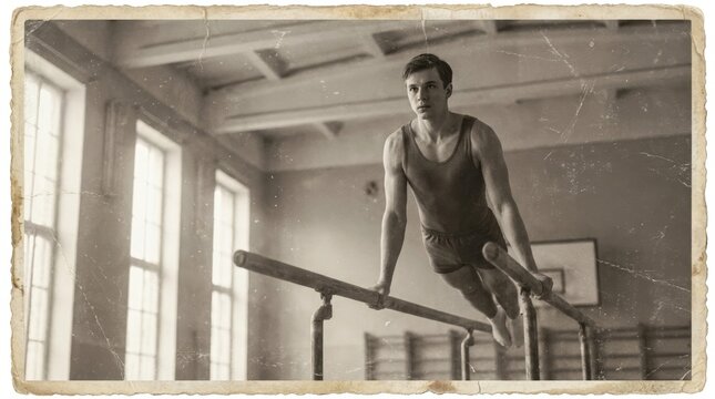 Vintage male gymnast training on wooden parallel bars in old gym