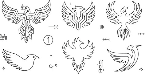 Obraz premium Futuristic phoenix tech bird logo vector icon set featuring cyber circuit elements mythological firebird outline linear graphics