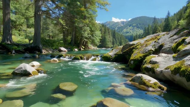 Exquisite 4K forest stream footage capturing crystal clear mountain water cascading over emerald mossy rocks with shimmering sunbeams reflecting off the moving currents to create a deeply relaxing