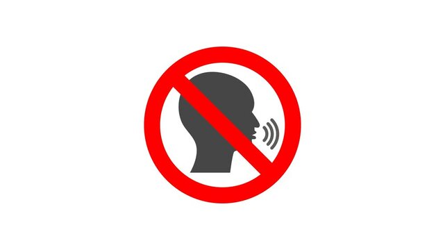 Animated No Speak Sign with Red Prohibition Symbol on Transparent Background. 
Ideal for restricted areas, hospitals, schools, meetings, libraries, public facilities and safety instruction videos.