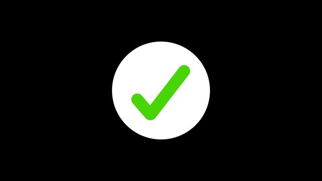 Green check mark icon animation bouncing on black background .Green tick mark button symbol for success and approval