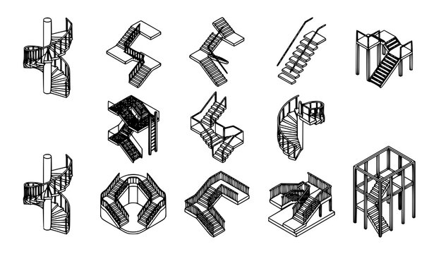Isometric staircase line icons set with editable stroke thin outline stairs structure vector for construction and engineering plans
