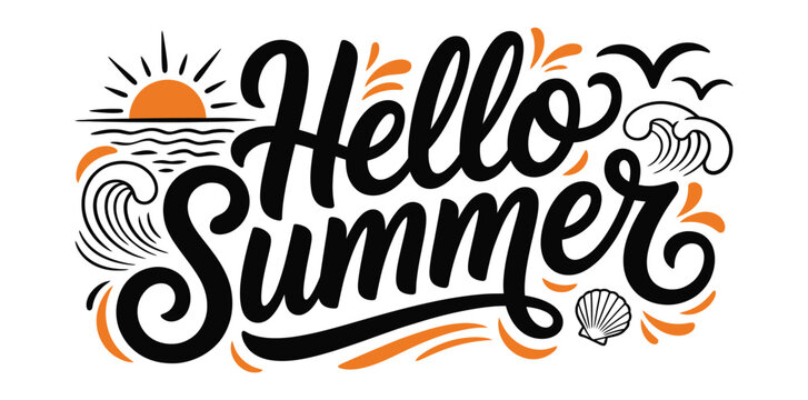 Hand drawn typography text Hello Summer with ocean wave and sun illustrations isolated on transparent background