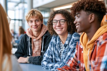 Obraz premium Diverse Teen Students Laughing Around Cafeteria Table