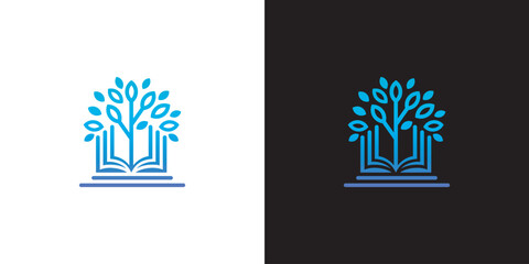 Naklejka premium A blue logo of a tree growing out of an open book on a white and black background