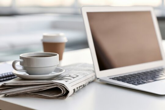 Open Laptop With Folded Newspaper in Workspace