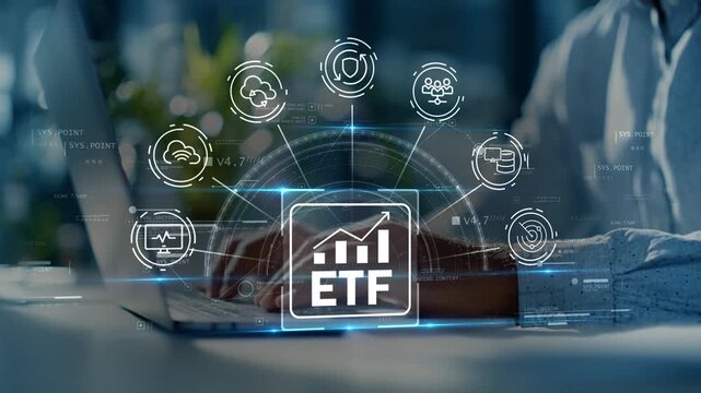 Businessman in modern office monitoring ETF investment portfolio with interactive financial dashboard, cloud computing, cybersecurity, workforce management and digital business technology icons