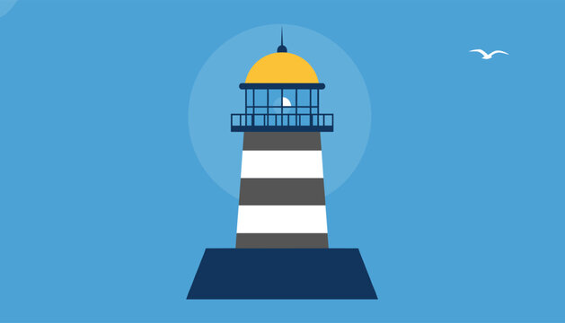 Minimalist flat illustration of a striped lighthouse shining its light against a solid blue sky with a single flying seagull.