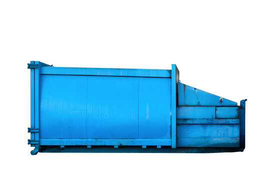 Blue mobile press container with integrated hydraulic compactor used for heavy-duty industrial waste volume reduction, isolated on white background