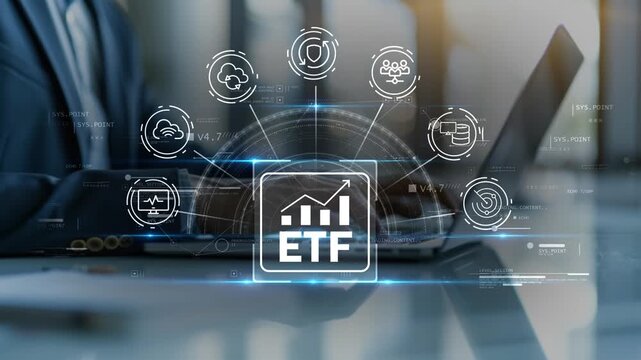Exchange traded fund ETF investment dashboard with business analytics, cloud infrastructure, secure data management and financial technology icons supporting modern portfolio growth