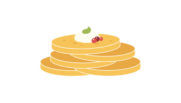 Stack of delicious golden brown pancakes topped with fresh whipped cream and red berries over a white background.