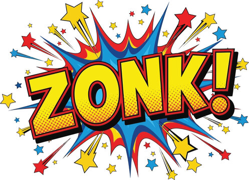 Bright comic explosion text zonk with stars and rays
