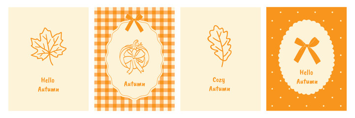 Coquette autumn greeting cards or posters. Hand drawn whimsical fall leaves, pumpkin with bow, vintage frames. Vector illustration © Huma Fida