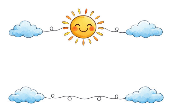 PNG Cheerful sun with fluffy clouds.