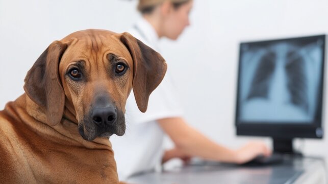 Rhodesian ridgeback dog receiving veterinary care, a veterinarian examining x-ray results on a computer, focusing on pet health and medical diagnostics in a clinic