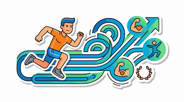 Energetic runner with abstract flowing lines leading to icons of strength