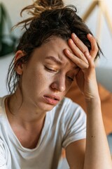 Fototapeta premium Female Experiencing Stress and Head Pain Indoors