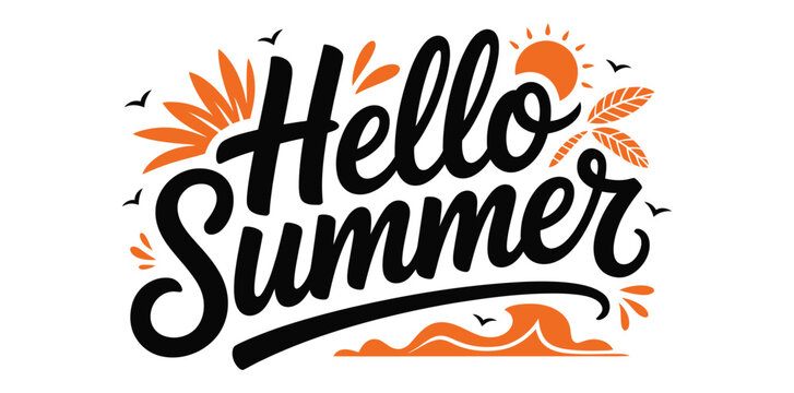 Stylized Hello Summer text with sun waves palm leaves and flying birds isolated on transparent background