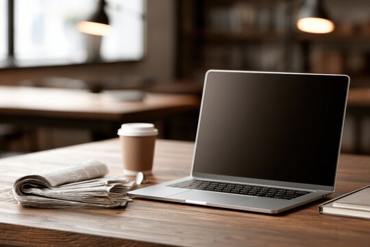 Newspaper and Laptop on Modern Office Desk