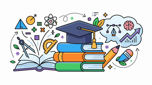 Education and learning illustrated with academic symbols and tools