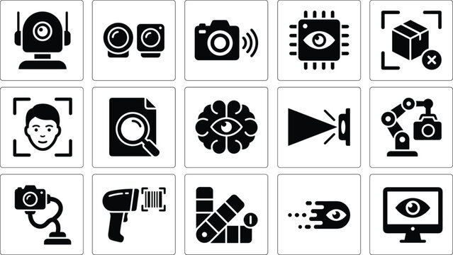 Set of computer vision icons, including facial recognition, object detection, industrial automation, barcode scanning, and aipowered image analysis for technology and manufacturing concepts
