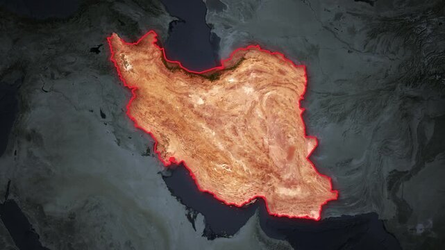 Dynamic camera zoom out from a 3D topographic map of Iran with glowing neon red borders, dark global terrain background, and bold white text overlay for geopolitical news broadcasts.