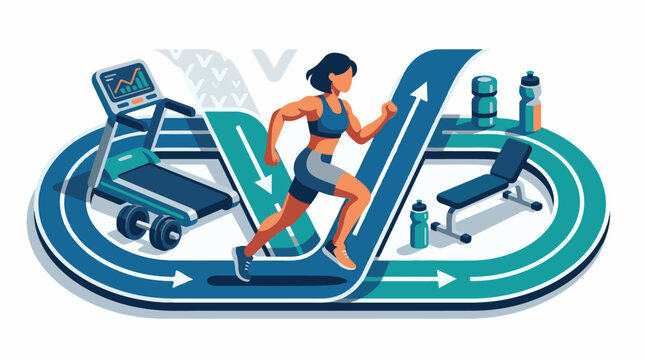 Energetic woman runs on a track surrounded by gym equipment and bottles