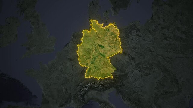Map animation of Germany highlighted in green terrain with a bright yellow neon outline, zooming in from a dark European continental backdrop with bold red perspective text.