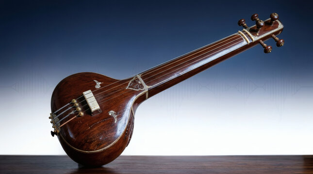 Traditional Indian stringed musical instrument closeup.
