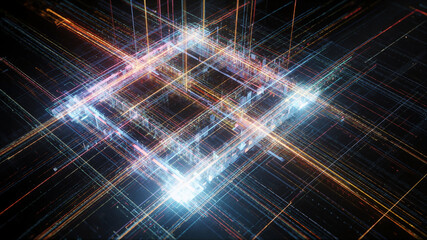 Obraz premium Abstract Futuristic Digital Grid with Glowing Neon Data Lines and Geometric Patterns