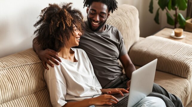 Cheerful black couple relaxing on a couch, sharing happy moments while browsing a laptop together, creating a cozy and connected atmosphere in their modern home