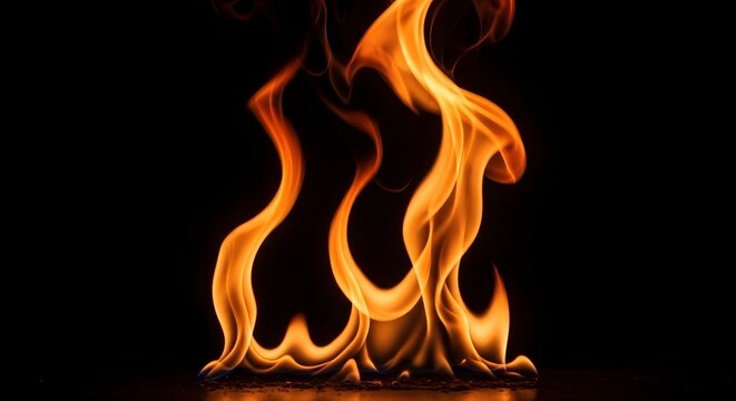 A captivating high-resolution capture of vibrant orange and yellow flames dancing elegantly against a solid pitch-black background, showcasing intricate fluid motion and intense thermal energy.
