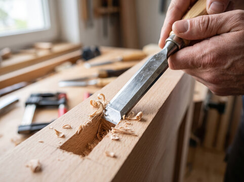 Craftsman using wood chisel to carve a mortise groove joint