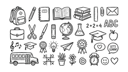 Back to school chalk doodles on blackboard with hand drawn education icons, books, science symbols, stationery and cute classroom elements in charcoal crayon vector style © Md