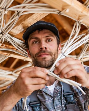 Medium shot of a technician carefully routing 12V wiring harness bundles through ceiling joists using flexible conduit for organized electrical installation.