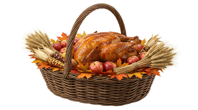 Roasted thanksgiving turkey in a wicker basket with autumn leaves and apples