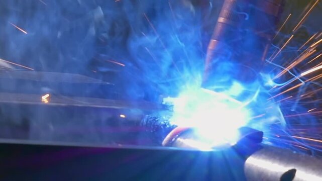 Close-up view of a powerful argon welding robot in action, fusing metal pipes with stunning sparks and glowing arcs. Witness the intricate details of this industrial process in slow motion.