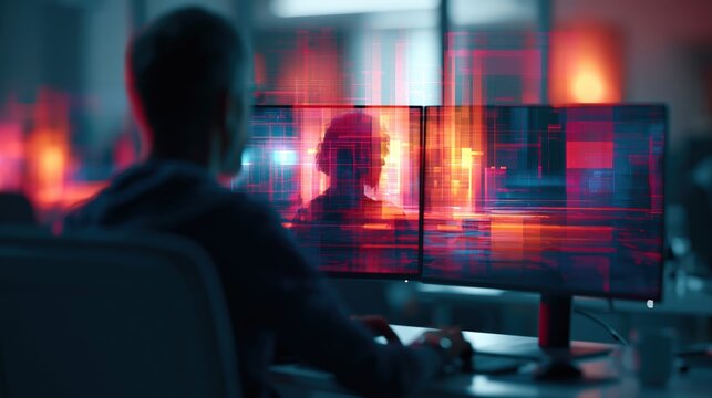 Analyst overseeing AI - driven network defense simulation with abstract data streams