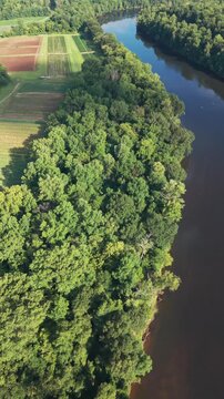 Agricultural fieds follow the banks of the Catawba River in South Carolina