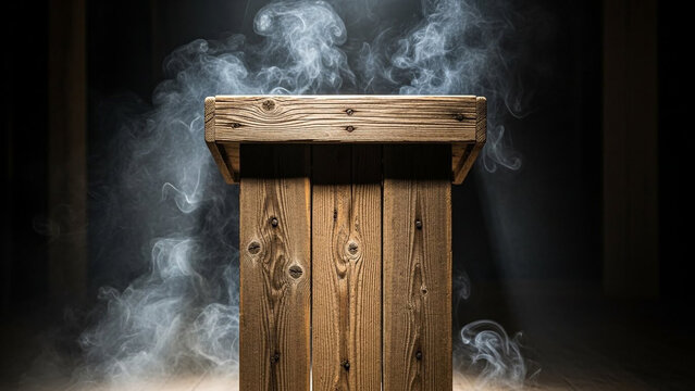 Empty wooden podium for speeches and presentations. Rustic stage stand for events and public speaking.